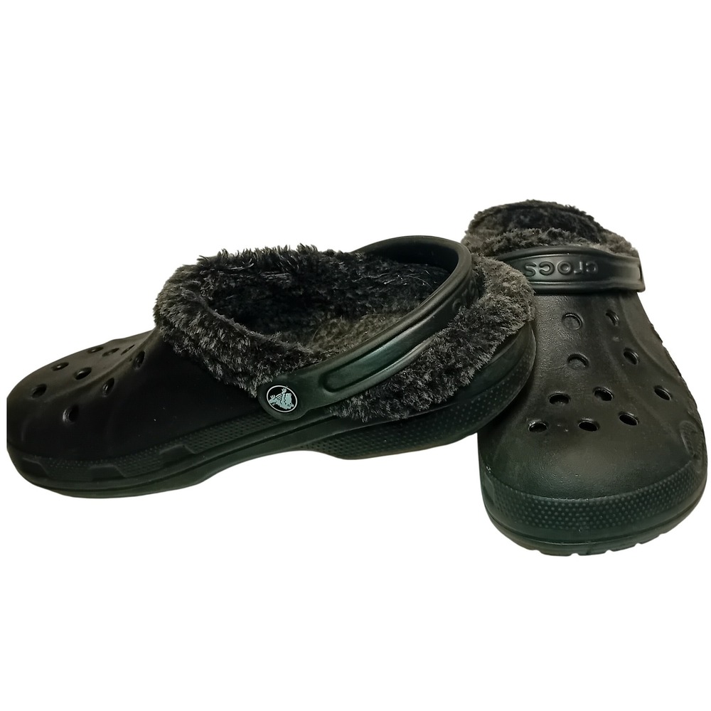 Unisex Crocs Baya Lined Clog Black Shoe Gray Faux Fur Warm Winter Size 9/11 READ